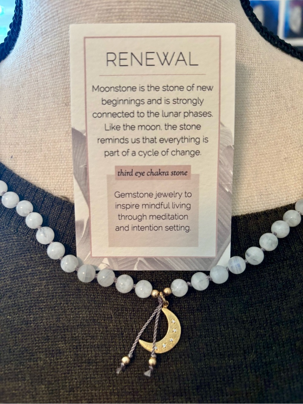 White Moonstone Beaded Mala Necklace with Gold Crescent Charm